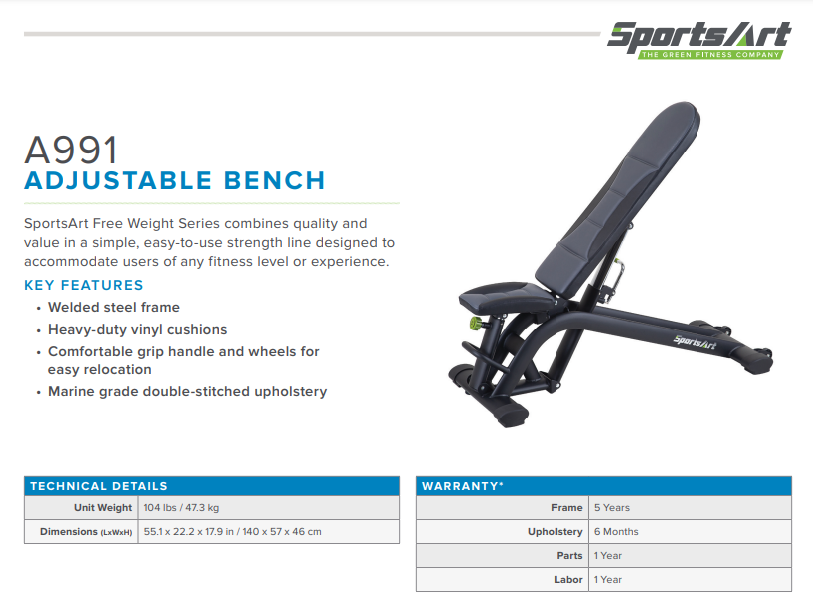 SportsArt A991 Adjustable Bench Sparks Fitness Equipment