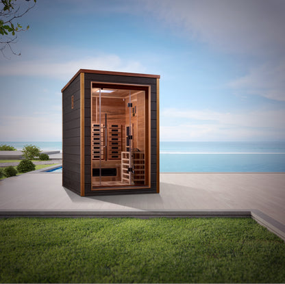 New 2026 Nora 2 Person Outdoor-Indoor PureTech™ Hybrid Full Spectrum Sauna (GDI-8222-01) - Canadian Red Cedar Interior