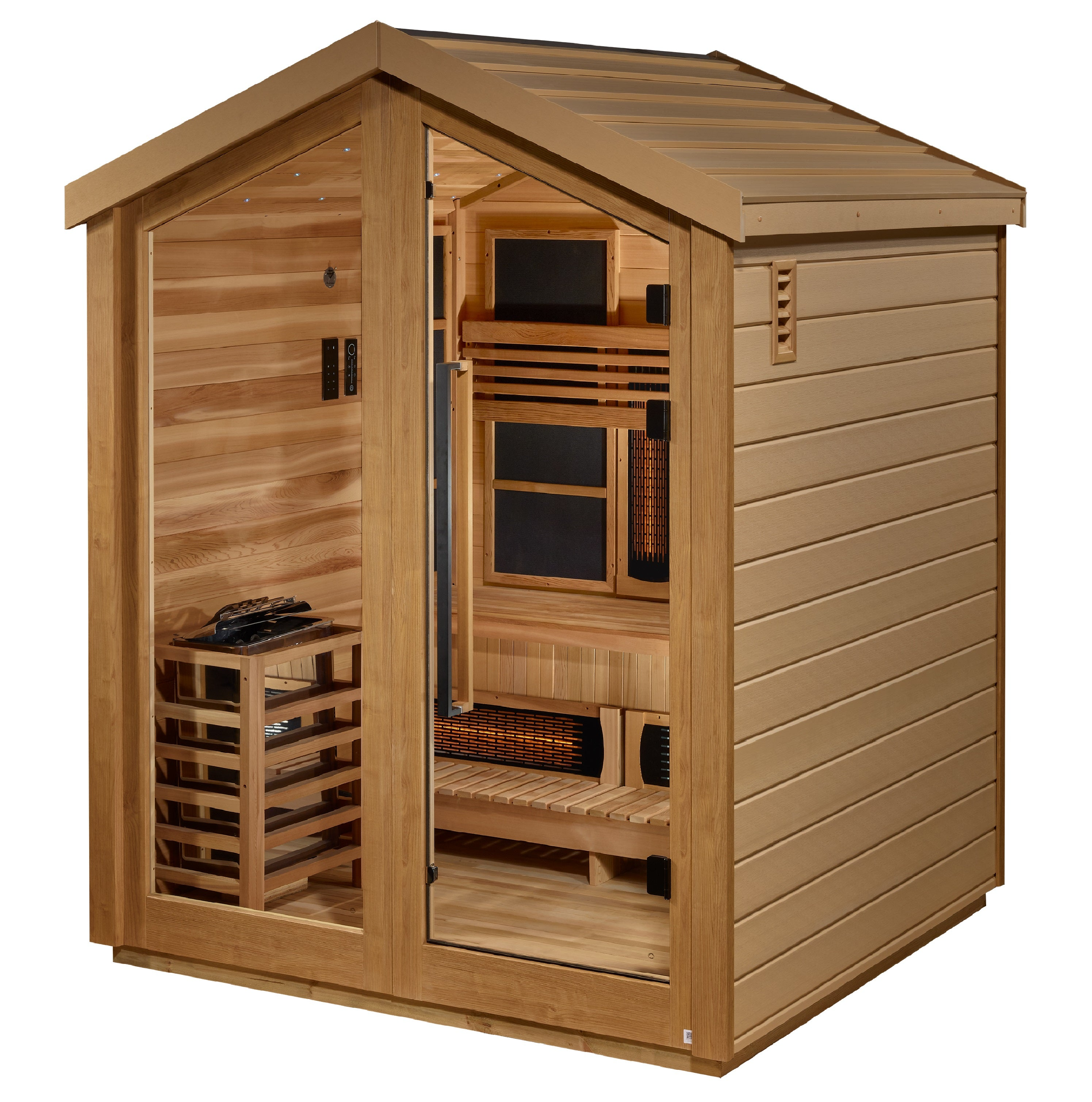 New 2026 Loviisa 3 Person Hybrid (PureTech™ Full Spectrum IR or Traditional Stove) Outdoor Saunaa (GDI-8523-01) - Canadian Red Cedar Interior