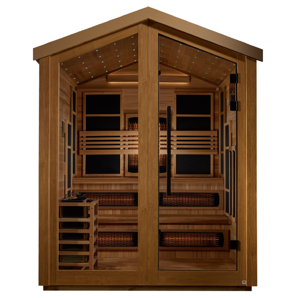 New 2026 Kaskinen 6 Person Hybrid (PureTech™ Full Spectrum IR or Traditional Stove) Outdoor Sauna (GDI-8526-01) - Canadian Red Cedar Interior
