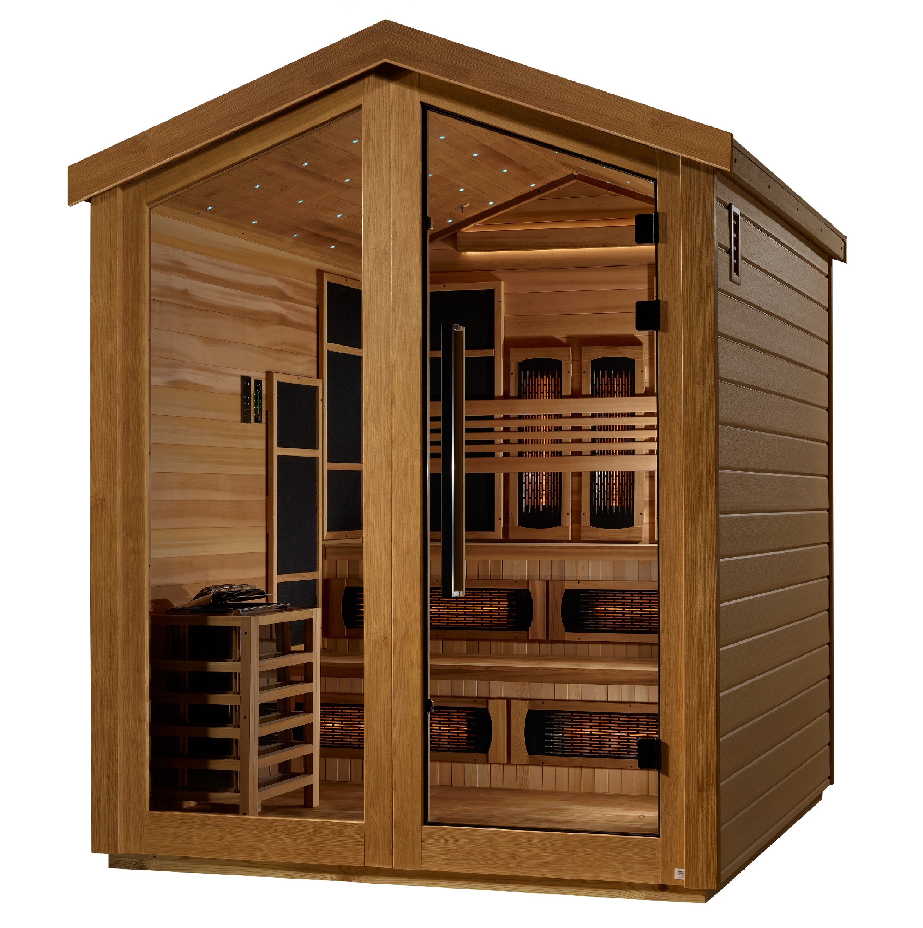 New 2026 Kaskinen 6 Person Hybrid (PureTech™ Full Spectrum IR or Traditional Stove) Outdoor Sauna (GDI-8526-01) - Canadian Red Cedar Interior