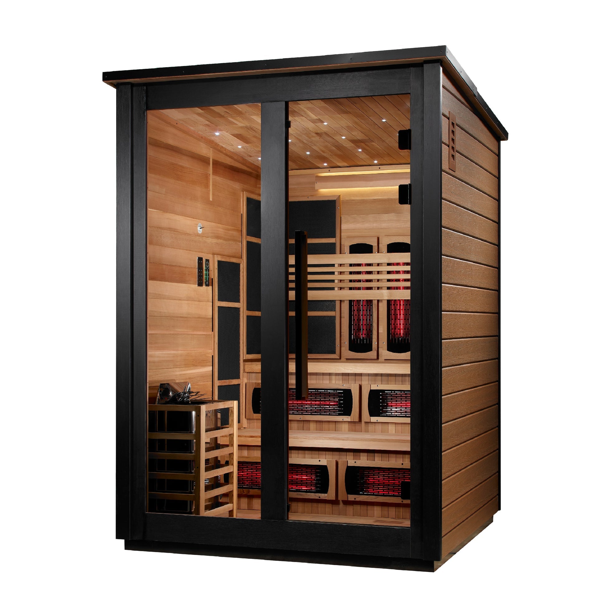 Golden Designs "Kaskinen" 6 Person, 2 Tone Barn Hybrid (PureTech™ Full Spectrum IR or Traditional Stove) Outdoor Sauna