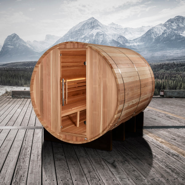 New 2026 "Klosters" 6 Person Barrel Traditional Sauna - Pacific Cedar