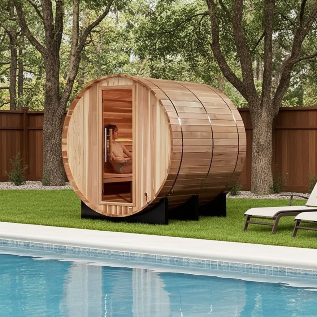 New 2026 "Zurich" 4 Person Barrel Traditional Sauna (w/ Bronze Privacy View)