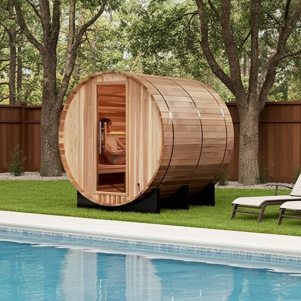 New 2026 "Zurich" 4 Person Barrel Traditional Sauna (w/ Bronze Privacy View)