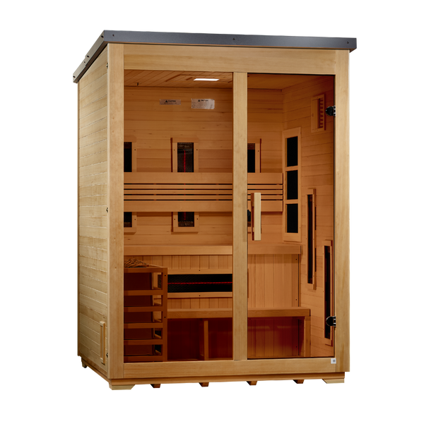Carinthia 3 Person Hybrid (PureTech™ Full Spectrum IR or Traditional Stove) Flat Roof Outdoor Sauna (GDI-8023-01)
