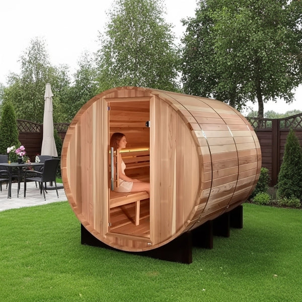 New 2026 "Klosters" 6 Person Barrel Traditional Sauna - Pacific Cedar